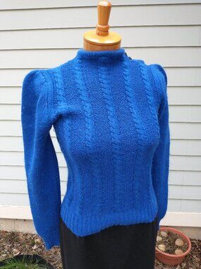 Sweater: Vintage, silk blend, blue, puffed shoulders. Medium - by Kitty Hawk